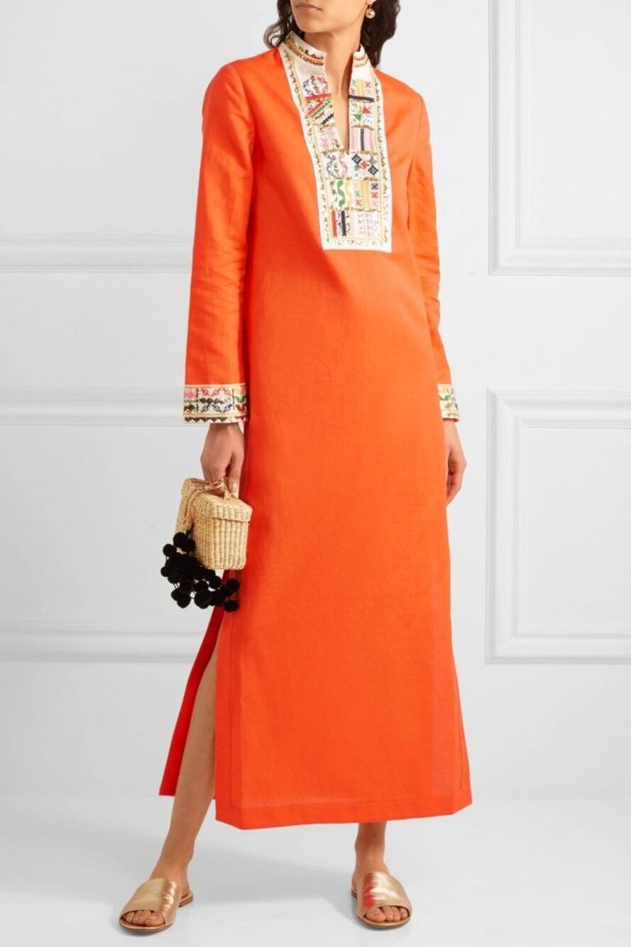 Tory Burch Womens Embellished Linen Cotton Kaftan Dress 6 Maxi Vacation Resort